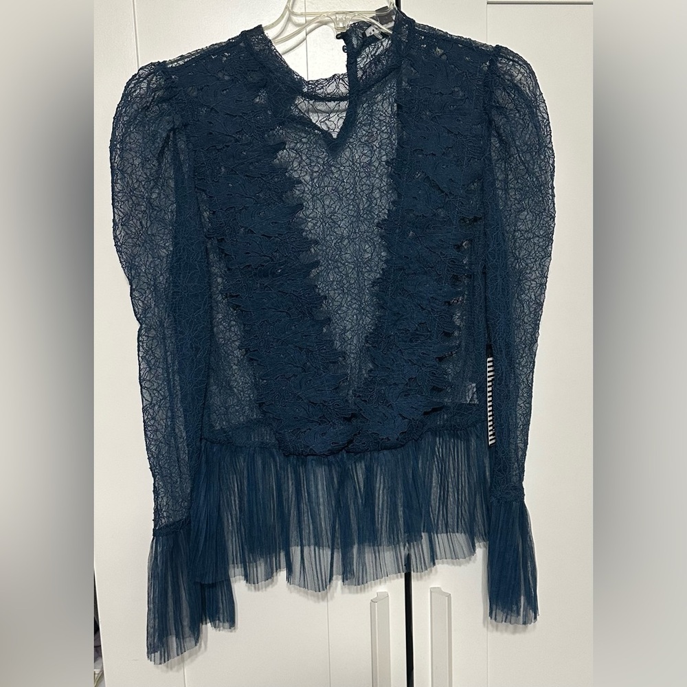 Haute Monde Navy Lace Sheer V-Neck Blouse with Ruffle Trim